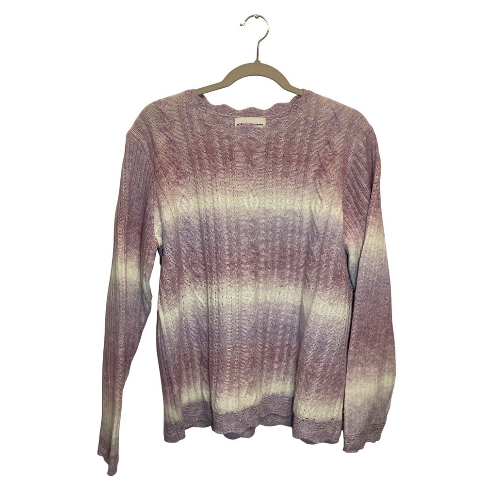 Alfred‎ Dunner Womens Large Purple Ombre Cable Knit Scalloped Crewneck Sweater